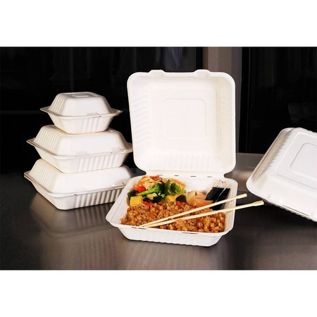 POJEMNIK OBIADOWY ECO Z TRZCINY CUKROWEJ NIEDZIELONY 22x22x7cm a50szt